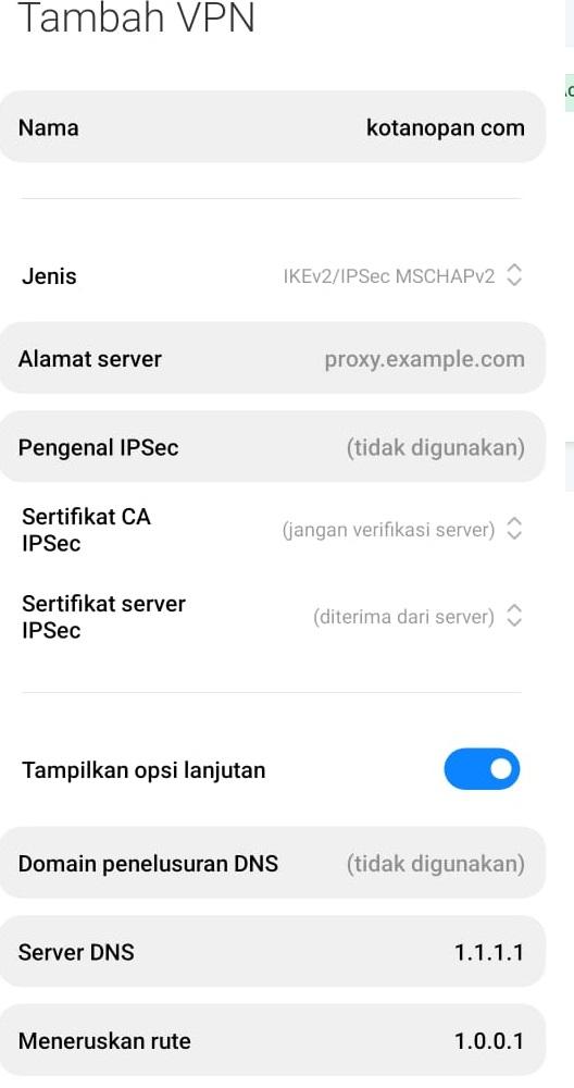 Cara Membuat VPN Android masukan pengaturan