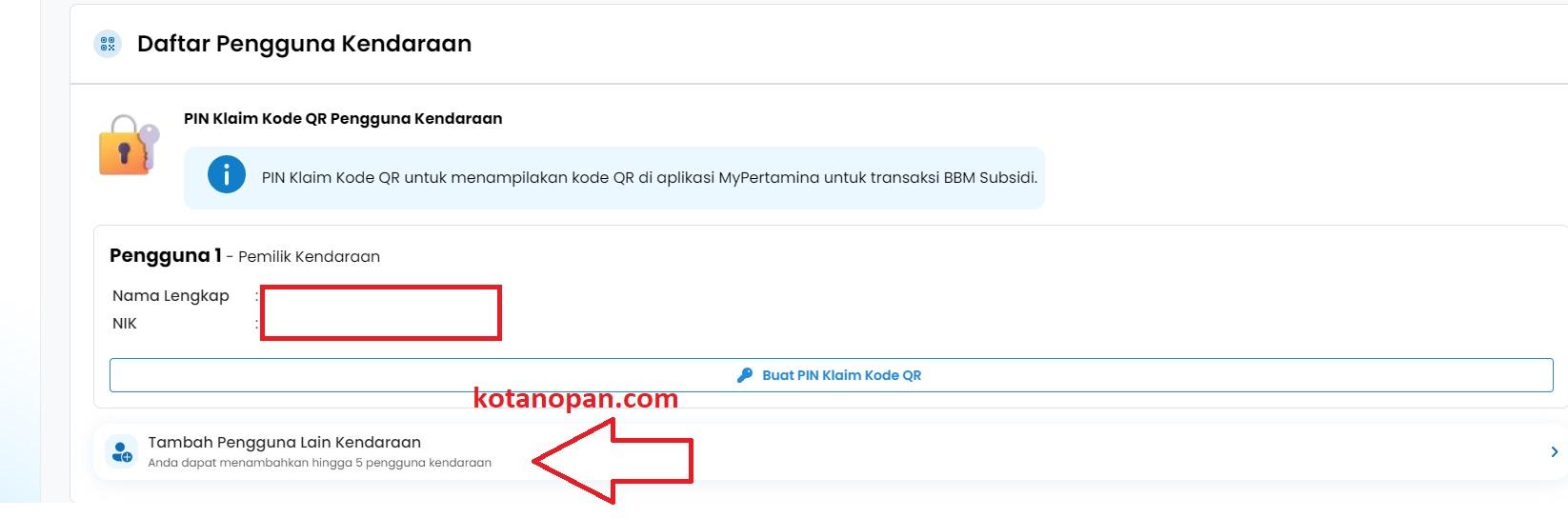 Menambah Pengguna Kendaraan pertamina